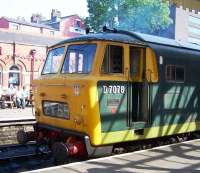 Hymek D7076 looking a little the worse for wear at Bury Bolton Street on 6 July.<br><br>[Colin Alexander 06/07/2013]