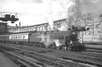 On 5 August 1967, some two months before its final withdrawal, Black 5 no 44775 is about to take out the 1.26pm Glasgow Central - Morecambe Promenade from Carlisle platform 4. The Kingmoor-based 4-6-0 had just taken over the summer Saturday service, which had arrived here via Kilmarnock.<br><br>[K A Gray 05/08/1967]