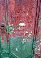 Door of an electrical cabinet of the G&SWR which was sometime situated at the powerhouse at Troon Harbour [see image 43778]. The item is currently in the care of the ARPG at Dunaskin awaiting refurbishnent. Plates, Signs and notices.<br><br>[Colin Miller 21/07/2013]