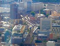 Trains passing at Waterloo East on 20 July 2013, seen from the viewing platform of <I>The Shard</I>.<br><br>[John Thorn 20/07/2013]