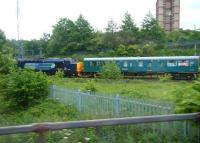 DRS 37409 propelling Network Rail Inspection Saloon 975025 <I>Caroline</I> between King Edward Bridge East and West Junctions on 12 June 2013. Photograph taken looking south east from a train on the bridge. [See image 27710]. [With thanks to all those who responded to this query]<br><br>[Veronica Clibbery 12/06/2013]