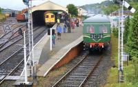 A rainy day at Bo'ness on July 28th as a Swindon class 126 DMU leaves for Manuel during the SRPS diesel gala.<br><br>[Brian Forbes 28/07/2013]