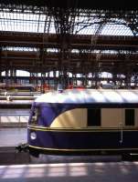 The preserved 2-car Fliegenden Zuege - sister to the Fliegenden Hamburger - rests below Leipzig Hauptbahnhof's magnificent trainshed on 6th July 2013. Built in 1935 at the famous Goerlitz railway works (still operating under Bombardier ownership), these were the fastest trains in the world at the time.<br><br>[David Spaven 06/07/2013]