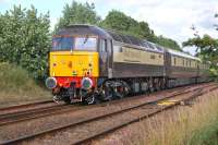 47832 <I>Galloway Princess</I> brings up the rear of the London Kings Cross - Leuchars <I>Northern Belle</I>, as it draws away from Halbeath level crossing on 3 August following a brief lay-over in Townhill Down Loop. DRS 47813 <I>Solent</I> was at the head of the train.<br><br>[Bill Roberton 03/08/2013]