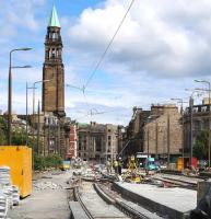 Looking towards the West End over Shandwick Place tram stop on 9 August 2013. Some additional remedial work has recently been identified on this stretch [see news item].<br><br>[John Furnevel 09/08/2013]