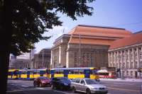 Leipzig Hauptbahnhof looks more like a palace than a railway station. Just about every mode of land transport - car, tram, bus, cycling, walking and main-line railway - are in evidence here on 6th July 2013.<br><br>[David Spaven 06/07/2013]