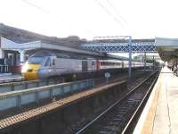 Power car 43302 is on the rear of the East Midlands Trains liveried HST rake with East Coast Trains markings, as it leaves Wakefield Westgate for Leeds on the late running 15.35 ex Kings Cross service on 9 August.<br><br>[David Pesterfield 09/08/2013]