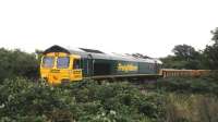 Freightliner 66534 <I>OOCL Express</I> heading a PW train on the outskirts of Swindon on 16 August in connection with ongoing work on the Swindon to Kemble line, currently closed until the end of the month for re-doubling.<br><br>[Peter Todd 16/08/2013]