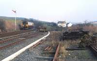 A second generation dmu in the form of Strathclyde Passenger Transport liveried 156502 passes through Glenwhilly loop on 30 March 2002 with the 10.00 Stranraer - Newcastle Central working.<br>
<br><br>[Bill Jamieson 30/03/2002]