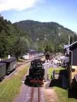 An SOEG locomotive prepares to run round its train at the Kurort Oybin terminus of the 12.2km long 750mm gauge line from Zittau in Sachsen on 2nd July 2013. This small hill resort (and its nearby twin, Kurort Jonsdorf, also served by SOEG) is just a couple of kilometres from the Czech border. [See image 40494]<br><br>[David Spaven 02/07/2013]