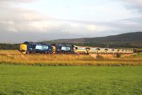 Recently overhauled 37425 <I>Sir Robert McAlpine</I> and 37423 <I>Spirit of the Lakes</I> heading north past Moy on 19 August with ten autoballasters for Clunes north of Inverness.<br><br>[John Gray 19/08/2013]