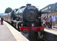 <I>The Scarborough Spa Express</I> stands at the platform at Scarborough on Tuesday 27 August after a fine run from York via Wakefield.  Royal Scot 46115 <I>Scots Guardsman</I> is at the head of the train.<br><br>[Jim Peebles 27/08/2013]