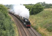 Black 5 45231 nears the summit at Hoghton heading for Blackburn with <I>The Fellsman</I> on 31 July. The last train of the 2013 season ran on 28 August and the final <I>Fellsman League Table</I> is 61994 - 5 appearances, 45231 - 4 (1 with 44932) and 45699, 46115 and 48151 1 each. Brush Type 4 47580 was also on the train on three occasions for fire risk assistance as seen here. <br><br>[Mark Bartlett 31/07/2013]