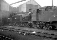 Drummond 0-4-4T 30251 stands behind Standard 2-6-2T 82015 in the shed yard at Eastleigh in the summer of 1960.<br><br>[K A Gray 09/08/1960]