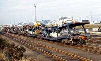 It's not obvious why these two loaded sets of Cartics 4s should have been stabled over the weekend in Millerhill Yard in December 1970 - perhaps they were faulty and had to be detached from the regular trainload service between Dagenham and Bathgate. The Ford vehicles appear to be a mixture of Mk 1 Escort cars and vans and Mk 1 Capris. [With thanks to all respondents]<br><br>[Bill Jamieson 05/12/1970]