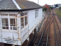 View from the footbridge above Wellgate level crossing, Arbroath, on 6 September 2013 looking south towards the station. Arbroath North box looks to be in need of some TLC.<br><br>[Andrew Wilson 06/09/2013]