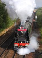 46233 <I>Duchess of Sutherland</I> departs from Perth on 7 September with her 75th anniversary special to Sheffield, leaving a pall of steam over the site of Perth South shed.<br><br>[Bill Roberton 07/09/2013]