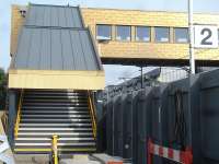 The platform 2 staircase for the new footbridge running from the (under construction) replacement main station building at Wakefield Westgate on 4 September 2013.<br><br>[David Pesterfield 04/09/2013]