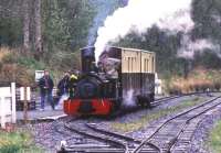 Scene at Henllan station, West Wales, on the 2ft gauge Teifi Valley Railway in the summer of 1990. Locomotive is Hunslet Quarry 0-4-0ST <I>Alan George</I> (606/1894).<br><br>[Ian Dinmore /08/1990]