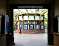 The classic booking office at Wemyss Bay station in July 2005, looking resplendent following a paint job.<br><br>[John Furnevel 29/07/2005]