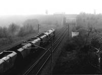 Some serious mist and rain over Millerhill on a bleak October morning in 2000 as EWS 66049 takes coal empties north out of the yard towards Niddrie South Junction. It would be another year and 8 months before Newcraighall station would be opened on the other side of the road bridge in the background.<br><br>[John Furnevel 14/10/2000]