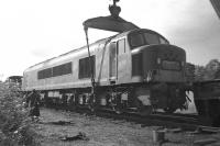 Scene at Duns onthe afternoon of 30th August 1965 [see image 44614]. The Gateshead crane lifts the east end of D181, with the far end being dealt with using jacks and packing. Getting all eight axles of this heavyweight loco back on the rails can't have been a simple matter but had been accomplished by the end of the day. <br><br>[Bill Jamieson 30/08/1965]