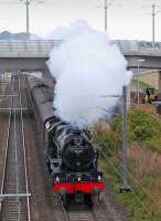 Ryder Cup 2014 special train from Edinburgh to Gleneagles, hauled by 46115<I>Scots Guardsman</I> passing under the tram viaduct west of Edinburgh Park station on 23 September 2013.<br><br>[Bill Roberton 23/09/2013]