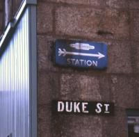 One of the surviving British Railways direction signs, photographed in Huntly on 14th September 2013.<br><br>[David Spaven 14/09/2013]