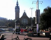 View west showing part of the station frontage of Gdansk Glowny on 4 October 2013.<br><br>[John Yellowlees 04/10/2013]