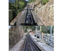 Trackwork - or should that be <I>rackwork?</I> There are five rack sections on the 44km branch from Visp to Zermatt, used to assist climbing and also braking going down hill. These views from the rear of a descending <I>Glacier Express</I> service show the start of a rack section, where the train slows to walking pace until all coaches connect with the rack, and also the complicated set of points at the passing loop at Kipferwald. <br><br>[Mark Bartlett 14/09/2013]