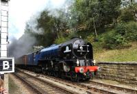 <I>Tornado</I> makes a fine sight at Goathland on 5th October 2013 during the NYMR's <I>LNER Weekend</I>.<br><br>[Peter Todd 05/10/2013]