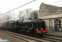 A late substitute for 45699 <I>Galatea</I>, 46115 <I>Scots Guardsman</I>, leaves Carnforth on 16 October with the northbound steam leg of a <I>Cumbrian Mountain Express</I> that had originated at Euston.<br><br>[Mark Bartlett 16/10/2013]