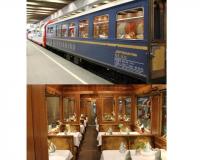 This classic dining car is one of two that are marshalled in the daily Zermatt Davos <I>Glacier Express</I> services. WR3810, seen here waiting to leave Zermatt's main line terminus, looks incongruous sandwiched between the modern <I>Panoramique</I> coaches. After the eight hour journey east it will be serviced overnight in Davos and then return the next day. [See image 45066] <br><br>[Mark Bartlett 14/09/2013]