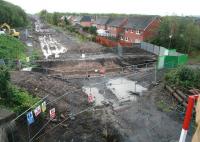 Progress on the new station at Newtongrange, seen from the A7 on Sunday morning 20 October 2013, looking south over the station site towards the houses of Jenks Loan.<br><br>[John Furnevel 20/10/2013]