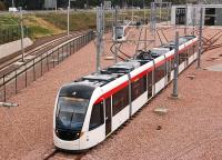 Tram 255 in the depot yard at Gogar on 14 October, with another unit in the background about to join the main line to the airport. <br><br>[Bill Roberton 14/10/2013]