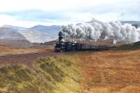 Black 5s 45407+44871 pass the remains of a snow fence on the long climb up from Loch Treig to Corrour on 26 October while hauling the SRPS Railtour from Fort William to Polmont.<br><br>[John Gray 26/10/2013]