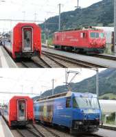 Disentis station has an end on connection between the Rhaetian and Matterhorn-Gotthard metre guage systems. Here MGB 108, the curiously named <I>Channel Tunnel</I>, comes off the eastbound <I>Glacier Express</I> and exchanges trains with RhB 652 <I>Vaz/Obervaz</I>, which will continue to Chur.<br><br>[Mark Bartlett 14/09/2013]