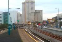 View south from Cardiff Queen Street on 31 October with a northbound train approaching plaform 4. The station's current operational platforms 2,3 and 4 are soon to be joined by bay platform 1, under construction in the left background and platform 5, seen on the right. <br><br>[John Thorn 31/10/2013]