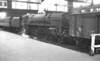 Britannia Pacific 70049 <I>Solway Firth</I> stands in Carlisle station's bay platform 5 on 10 August 1963 following arrival with the 11.55am train from Hellifield.<br><br>[K A Gray 10/08/1963]