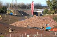 Looking north towards the breached section of the Edinburgh City Bypass on 10 November 2013 with the railway tunnel under construction.<br><br>[Bill Roberton 10/11/2013]