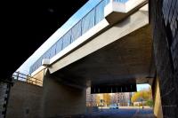 Underside of the Russell Road tramway bridge, photographed on 16 November 2013.  The bridge is wider on the right in order to accommodate the projected junction with a possible line 1b to Granton.<br><br>[Bill Roberton 16/11/2013]