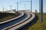 Looking south towards the Saughton bridge carrying the Edinburgh tram route over the E & G and Fife lines on 19 November. A foot and cycle path has been provided here.<br><br>[Bill Roberton 19/11/2013]