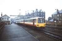 A Pacer Sprinter combo passing Falsgrave signal box on the approach to Scarborough on a grey 3 October 1990.<br><br>[Ian Dinmore 03/10/1990]