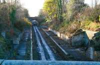 View south into the sun over the remains of the old Eskbank station on 29 November 2013. Beyond the bridge work is in progress on the section running towards the new station.<br><br>[John Furnevel 29/11/2013]