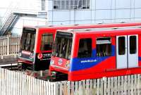 Docklands Light Railway units stabled in the sidings alongside Poplar depot in July 2005.<br><br>[John Furnevel 21/07/2005]