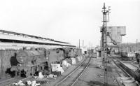 Class 2P 4-4-0 no 40621 stands alongside Corkerhill shed in company with two classmates in 1962. Withdrawn from here in October 1961, the locomotive was subsequently stored at Lugton for a time [see image 45533], before being broken up at Connels of Coatbridge during July 1963.<br><br>[David Stewart //1962]