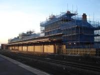 Looking across at the major works taking place on the main station building at Wakefield Kirkgate on 11 December 2013. The windows and roof have been removed completely on most sections during restoration of the building from a run down near derelict state.<br><br>[David Pesterfield 11/12/2013]