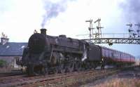 BR Standard class 5 4-6-0 no 73104 at Greenock Princes Pier with a boat train for St Enoch in the summer of 1965. Regular scheduled passenger services to and from Princes Pier had ceased in 1959, but boat trains continued to use the terminus until November 1965. [See image 11279]<br><br>[G W Robin 25/08/1965]