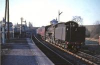 Standard class 5 4-6-0 no 73064 at Busby on 13 April 1955 with a morning train from East Kilbride.<br><br>[G W Robin 13/04/1966]