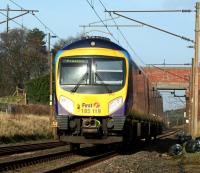 Heading for Preston, First TransPennine 185119 sprints down the Barnacre straight passed Woodacre in the early afternoon of 7 February 2012.<br><br>[John McIntyre 07/02/2012]